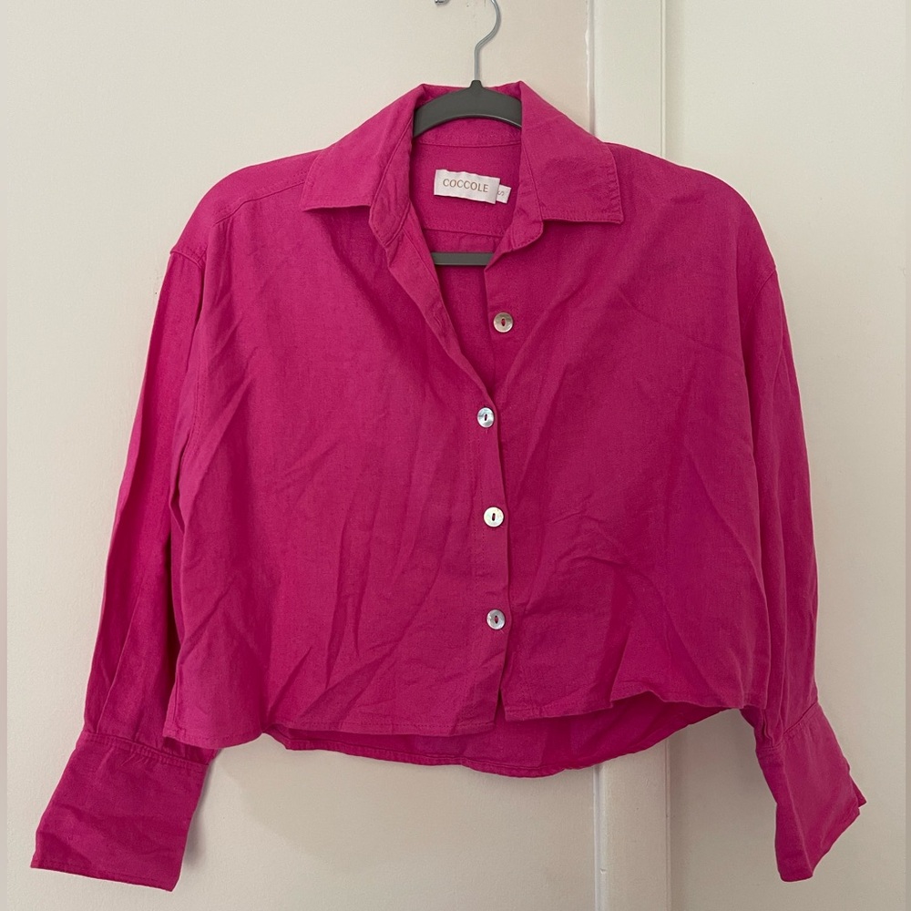 Fucsia linen button up crop top